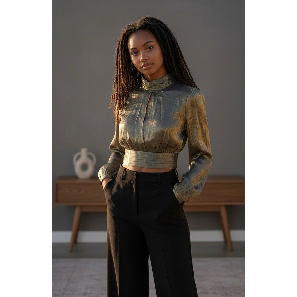 Nasty Gal NEW clubwear crop metalic long sleeve high neck blouse sz 6 glam party